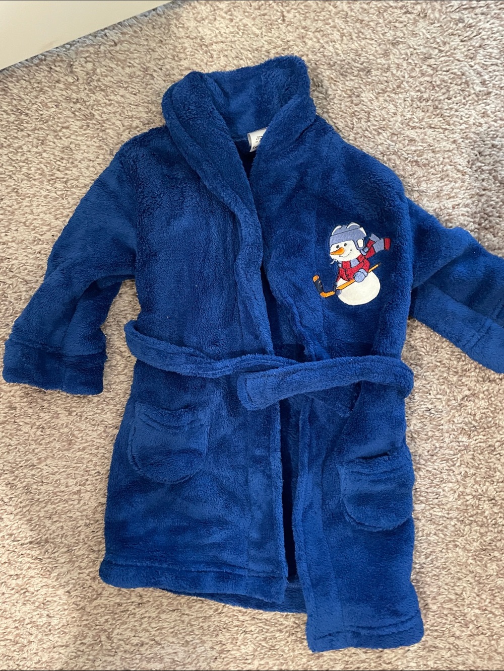 Kids Plush  Robe with Snowman Hockey Design - Navy 18 months